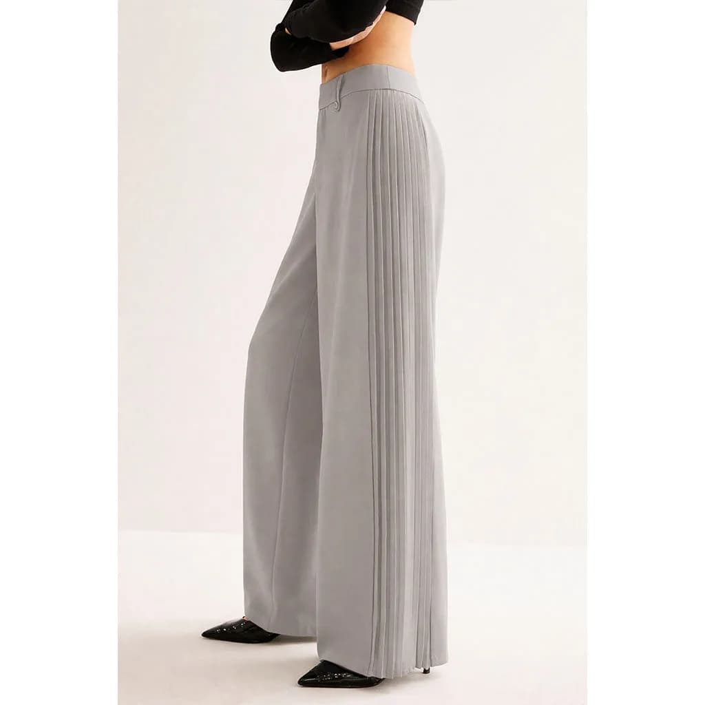 Grey Elegance Pleated Wide-Leg Pants