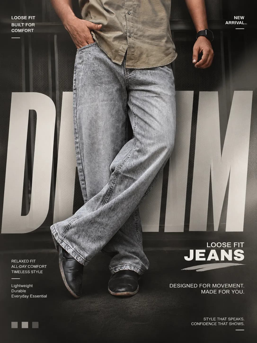 Men’s Acid Wash Grey Baggy Denim Jeans